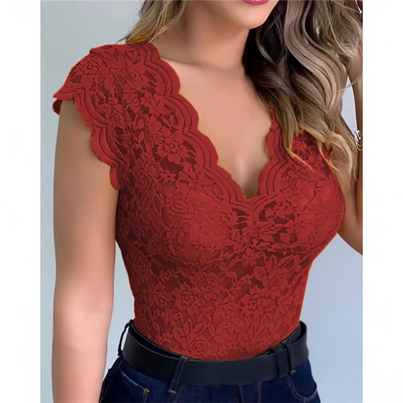 New Women Slim Tunic Lace V Neck T-shirt 2023 Sexy Elegant Summer Short Sleeve T Shirt Lace Flower Tops T-shirts