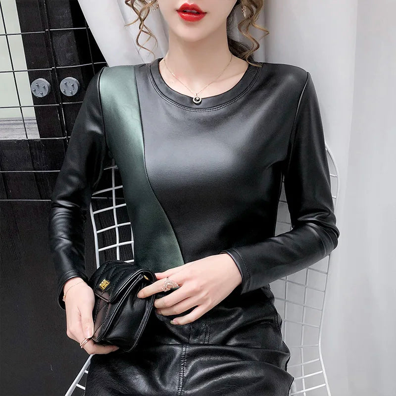 Winter Women's Blouse Leather Tops for Women Patchwork Oversize 4XL PU Leather Shirt Women Elastic Warm Velvet Top Women Shirts