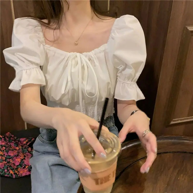 Summer Sweet Slim Folds Blouses Women Square Collar Puff Sleeve Sexy Gentle Crop Tops Simple Girls Lace-up Blusas Mujer Trendy