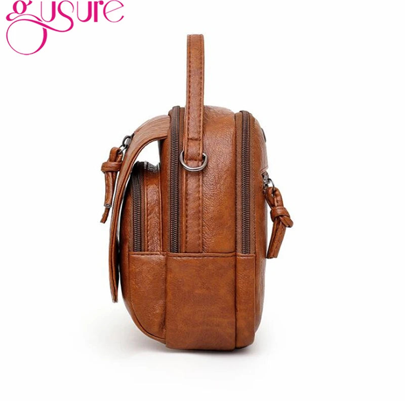 Gusure Vintage Soft Leather Shoulder Bags for Women Multi-compartment Female Handbags Small Crossbody Tote Zipper Bags