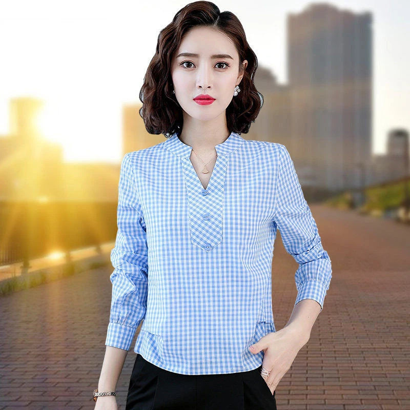 Women's Spring Autumn Style Cotton Blouses Shirt Women's Plaid V-Neck Button Long Sleeve Korean Loose Tops DD9099