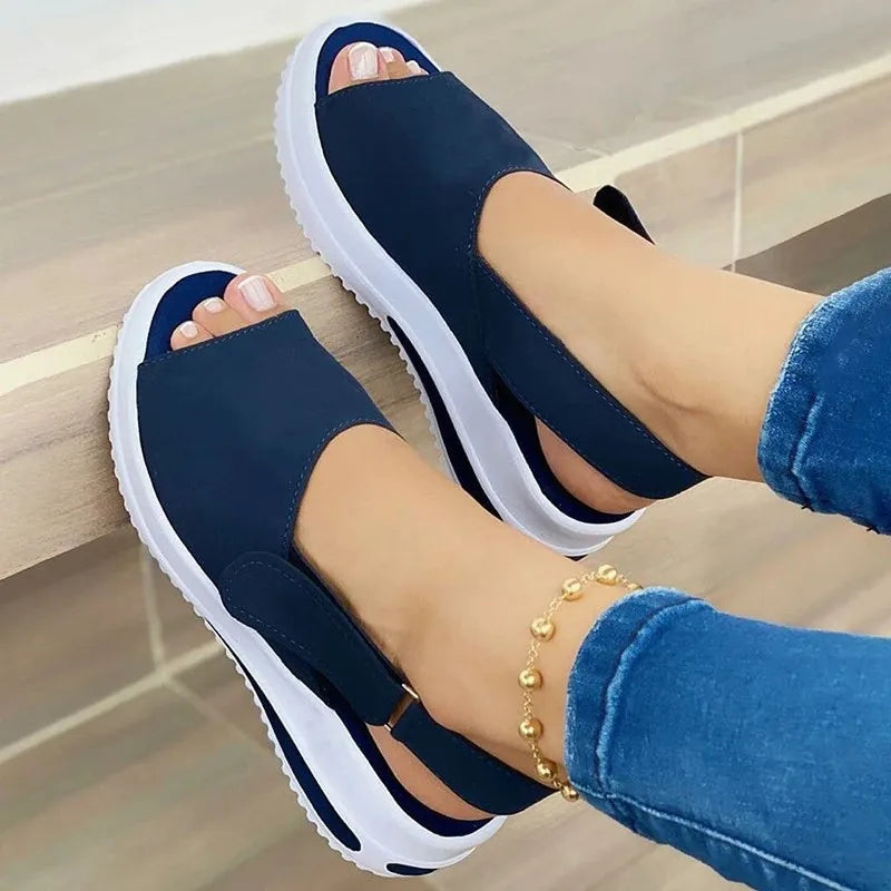 Women Sandals Summer Solid Color Peep Toe Beach Platform Sandals Ladies Slip on Platform Flats Casual Shoes Straps Women Shoes