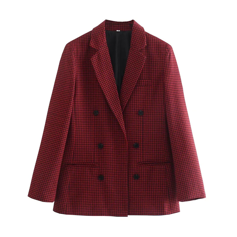 KPYTOMOA Women Fashion Office Wear Double Breasted Check Blazers Coat Vintage Long Sleeve Pockets Female Outerwear Chic Tops