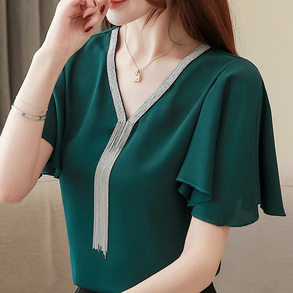 Blusas Blouses Femme Summer Tops Women Blouse Women Blusas Mujer De Moda 2023 Verano Tassel V-Neck Chiffon Blouse Shirt E767