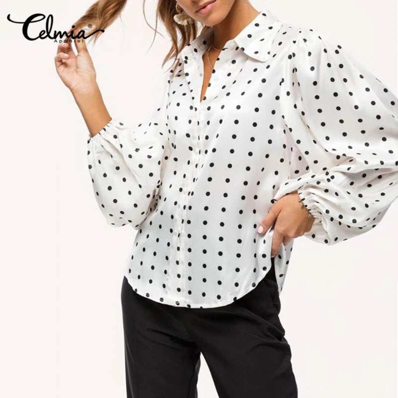 Oversized Women's Blouses Fashion Autumn Party Polka Dot Long Lantern Sleeve Lapel Shirt Celmia Elegant Tops Office Loose Blusas