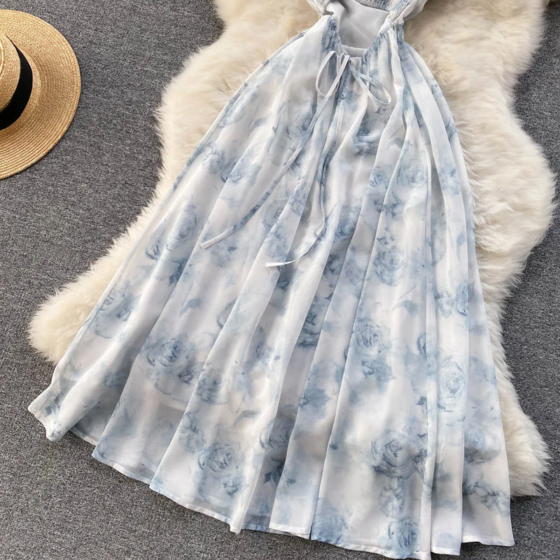 SINGREINY Women Floral Spaghetti Strap Dress Elastic Ruched Sexy Hollow Backless Party Dress Summer Boho Vacation Beach Sundress