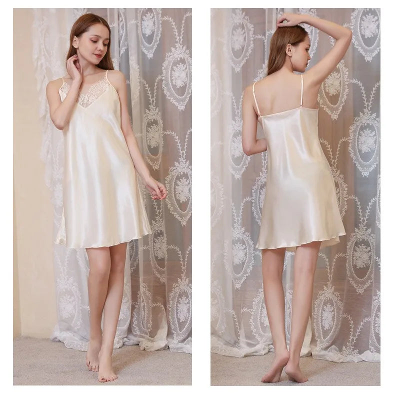 Women Spaghetti Strap Nightdress Sleepwear Sexy Hollow Out Lace Nightgown Suspender Sleepwear Summer Faux Silk Satin Home Wear