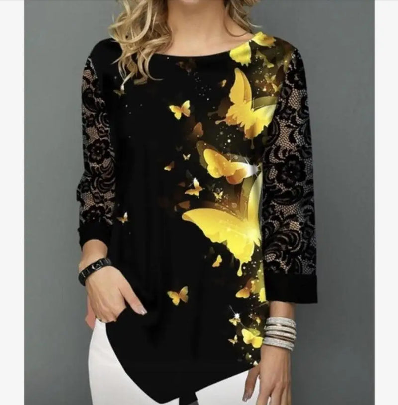 Shirt Blouse Women Plus size 5XL Fashion New Spring Summer print Black Tops 3/4 Lace Sleeve Elasticity Female Shirt Casual