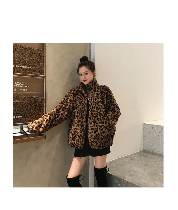 Winter Leopard Print Jacket Women's Stand collar Warm Parkas Outwear 2024 New Autumn Winter Korean Female Loose Faux Fur Coats