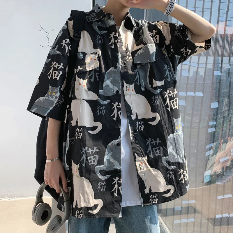 Men Cool Summer Loose Men/Women T Shirt Casual Short Sleeve Cat Anime Tshirt Summer T-Shirt Tops Shirt shirt handsome lazy 2024