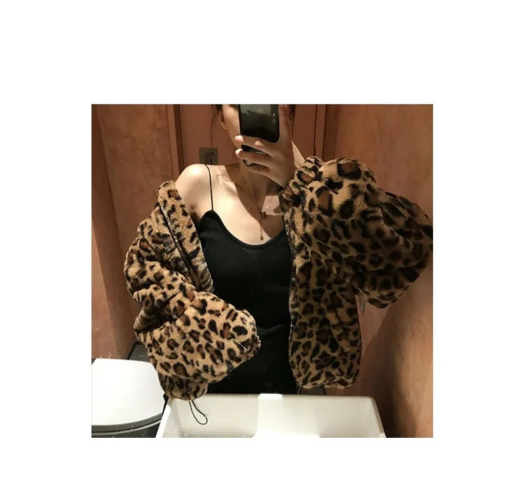 Winter Leopard Print Jacket Women's Stand collar Warm Parkas Outwear 2024 New Autumn Winter Korean Female Loose Faux Fur Coats