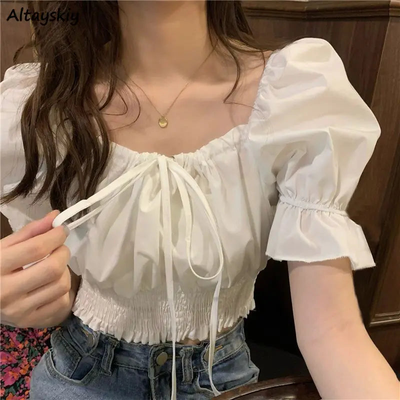 Summer Sweet Slim Folds Blouses Women Square Collar Puff Sleeve Sexy Gentle Crop Tops Simple Girls Lace-up Blusas Mujer Trendy