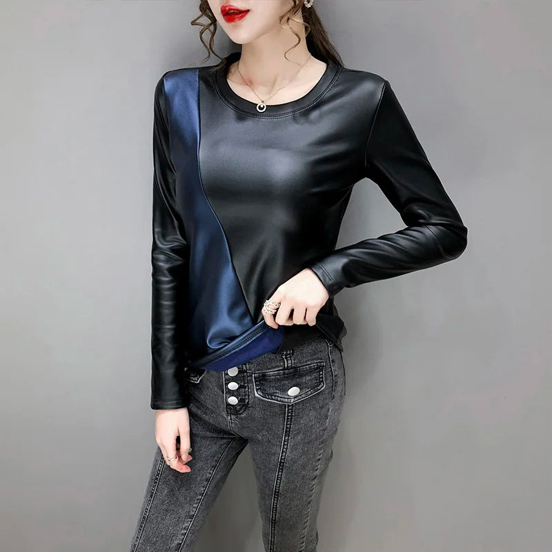 Winter Women's Blouse Leather Tops for Women Patchwork Oversize 4XL PU Leather Shirt Women Elastic Warm Velvet Top Women Shirts