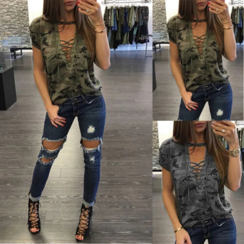 Summer Women Short Sleeve Camouflage Loose Casual Ladies T Shirt Tops Summer Bandage Hollow Out T-Shirt Tops Gray Army Green