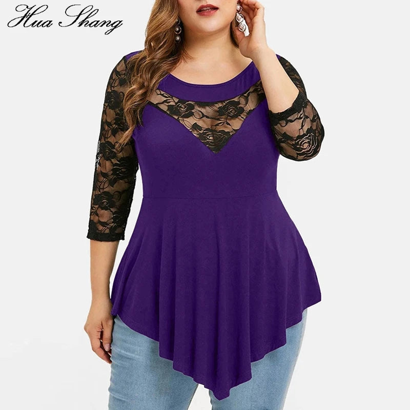 HUA SHANG 2021 Fashion Floral Lace Hollow Out Sexy Tunic Blouse Women Clothing Summer Solid Tops Ladies Ruffles Irregular Blusas