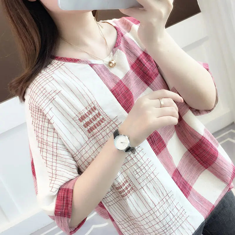 Shirts Women 2022 Ladies Tops Casual 100% Cotton Plaid Shirt Blouse Loose Plus Size Women Clothing Short Sleeve Summer White