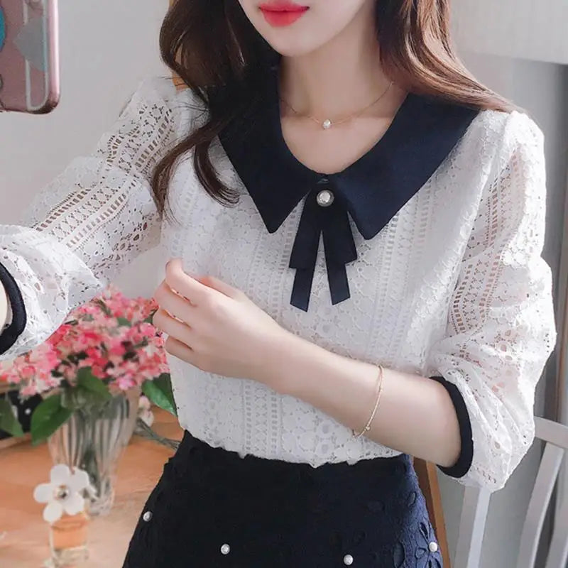 Women's Spring Summer Style Chiffon Blouses Shirt Women's V-neck Bow Patchwork Half Sleeve Elegant Lace Tops SP8676