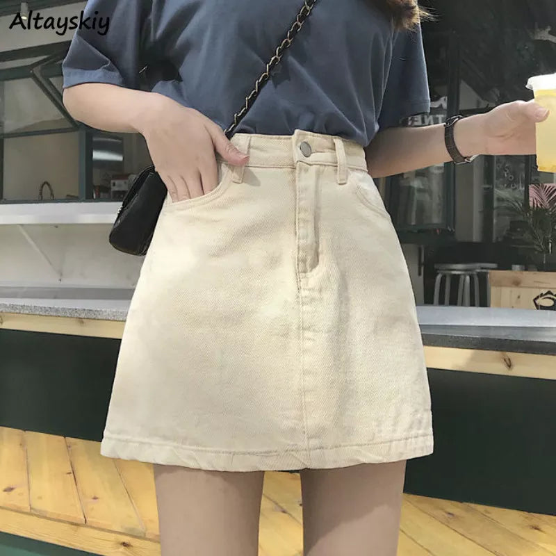 Skirts Women Solid A-line Denim Pockets Button Mini High Waist All-match Leisure Korean Chic Simple Womens Fashion Daily Elegant