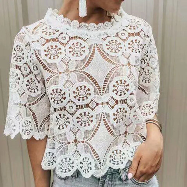 O-Neck White Womens Blouse Vintage Hollow Out Flower Female Ladies Tops Casual Lace Short Sleeve Blouse Shirts Blusas Mujer #3