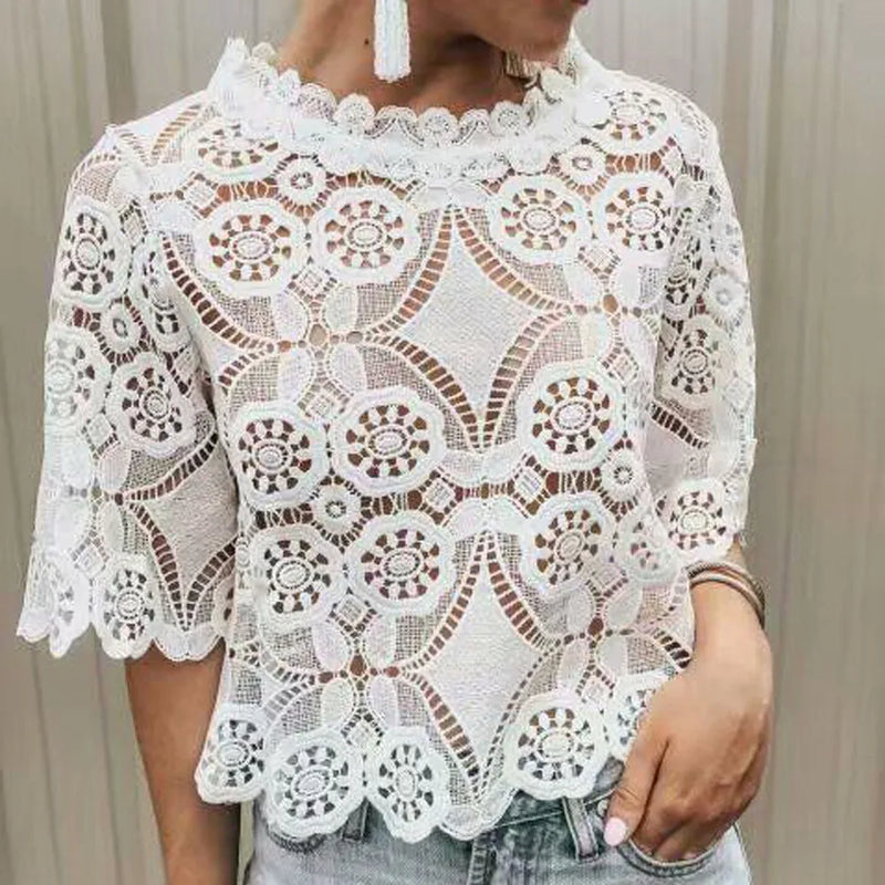 O-Neck White Womens Blouse Vintage Hollow Out Flower Female Ladies Tops Casual Lace Short Sleeve Blouse Shirts Blusas Mujer
