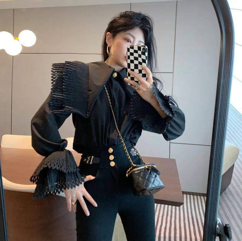 New Fashion Spring Fall White Black Chic Ruffles Lapel Women Blouse Slim Flare Sleeve Female Gold Button Casual Shirt Tops