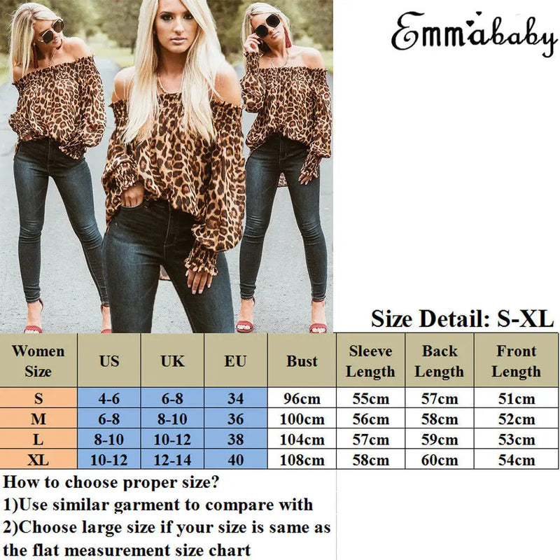 Sexy Leopard Fashion Women's Off Shoulder Tops Long Sleeve Shirt Print T-shirt Femininas Elegante Femme 2020 New arrival