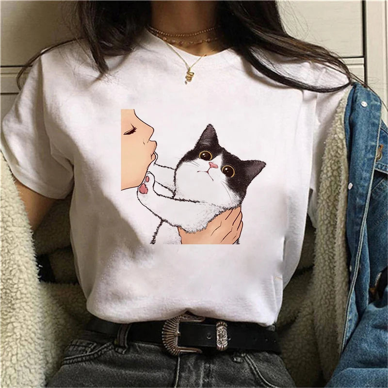 2021 Summer Women T-shirt Kiss a cute cat Printed Tshirts Casual Tops Tee Harajuku 90s Vintage White tshirt Female Clothing