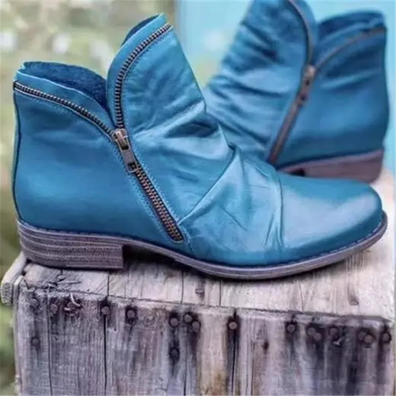 Women Boots New Leather Ankle Boots Flat Shoes Autumn Winter Snow Boots Platform Zipper Punk Boots Square heel Ladies Shoes