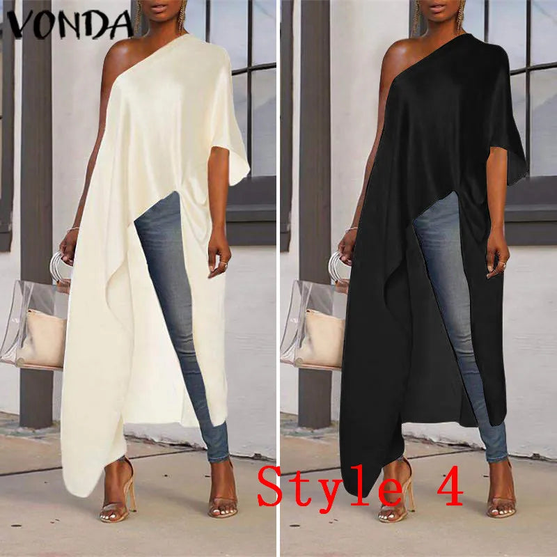 VONDA Women Asymmetrical Blouse 2023 Summer Casual Sexy Split Hem Party Tops Long Ladies Office Shirts Tunic Blusas