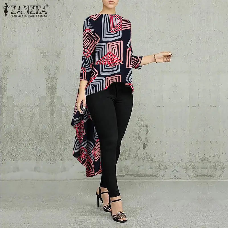 Women Casual Long Sleeve Blusa Irregular Blouse 2023 ZANZEA Elegant Geometric Printed Tops Female O Neck Tunic  Chemise