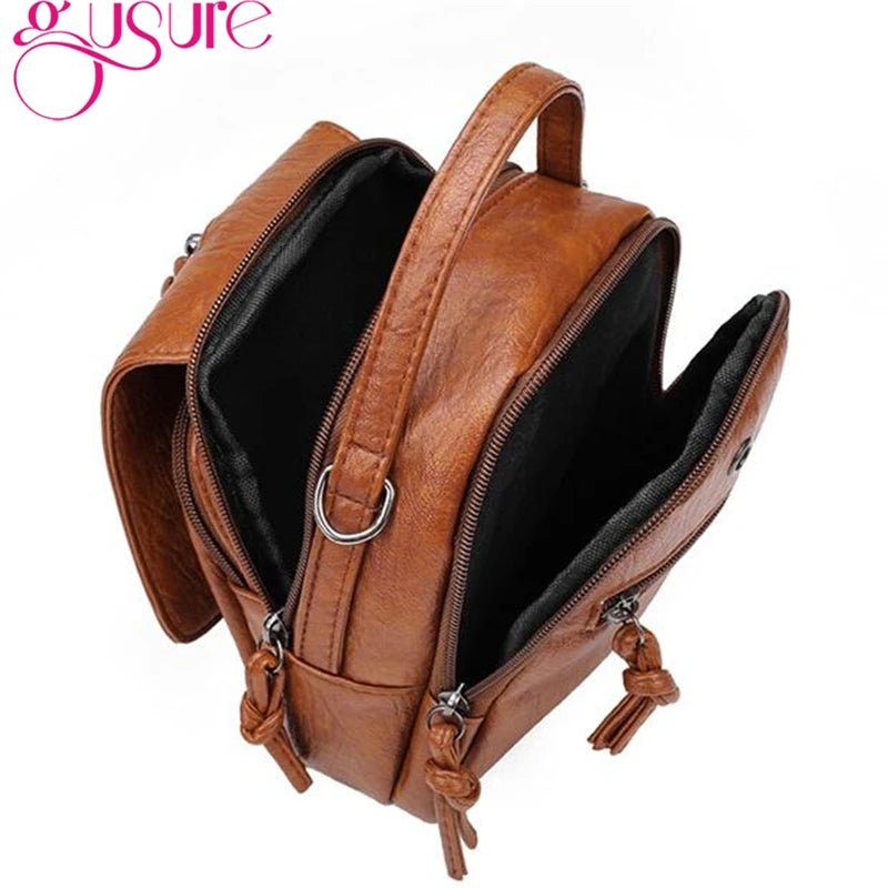 Gusure Vintage Soft Leather Shoulder Bags for Women Multi-compartment Female Handbags Small Crossbody Tote Zipper Bags