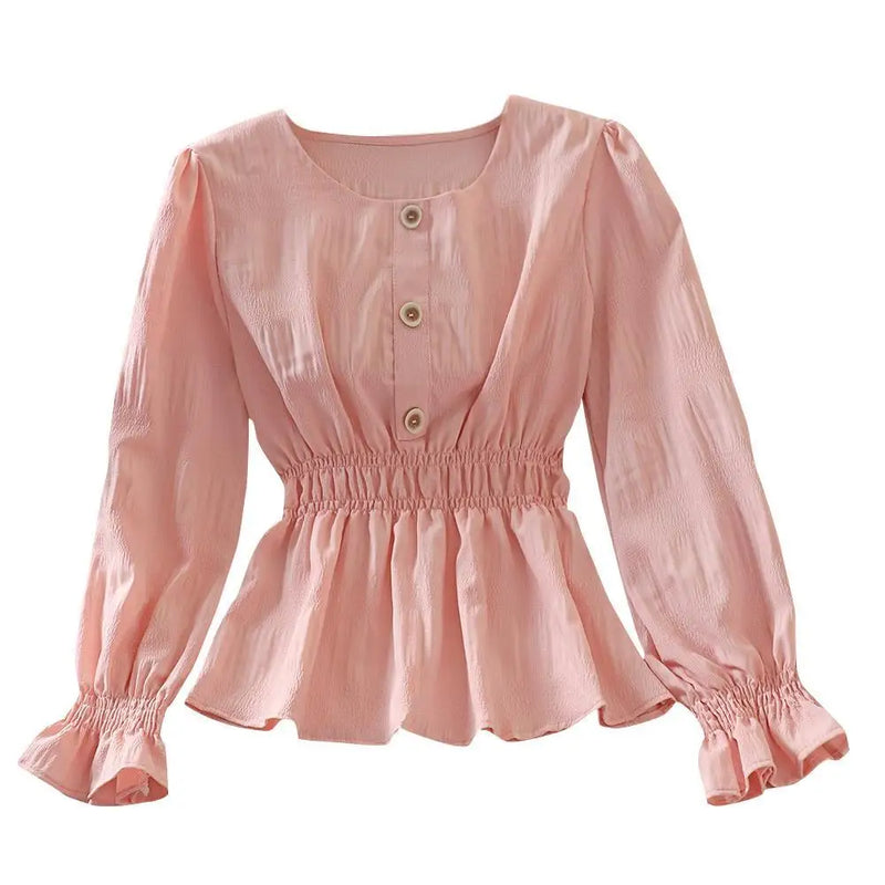 Blouse Women Autumn Ruffled Long Sleeve Shirt Pleated Bell Sleeve Top Blusas Ropa De Mujer