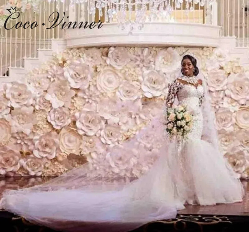 Cystal Beading Long sleeves Vintage Lace Mermaid Wedding Dress 2024 High Neck Appliques Plus Size Africa Wedding Dresses W0604