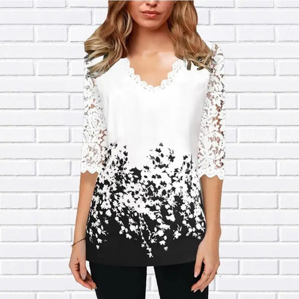 Shirt Blouse Female Spring New Tops V-neck  Half Sleeve Lace Splice Print Boho Women shirt