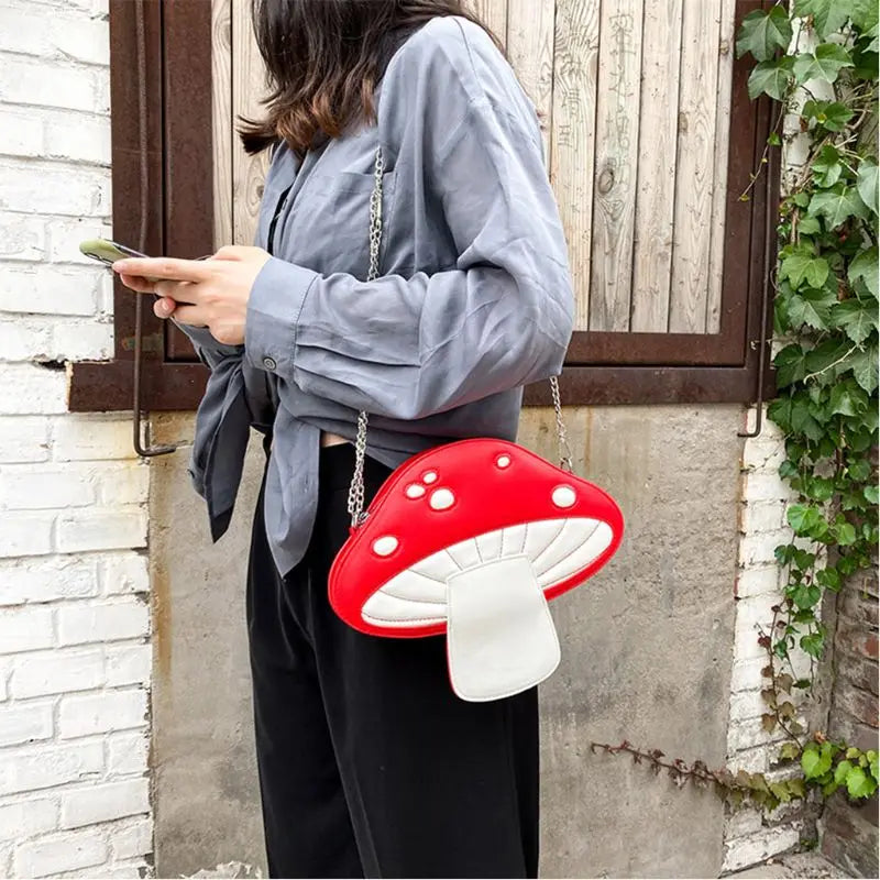 Women Girl Mushroom Shape PU Leather Handbag Chain Shoulder Messenger Crossbody Bag Satchel Tote Purse