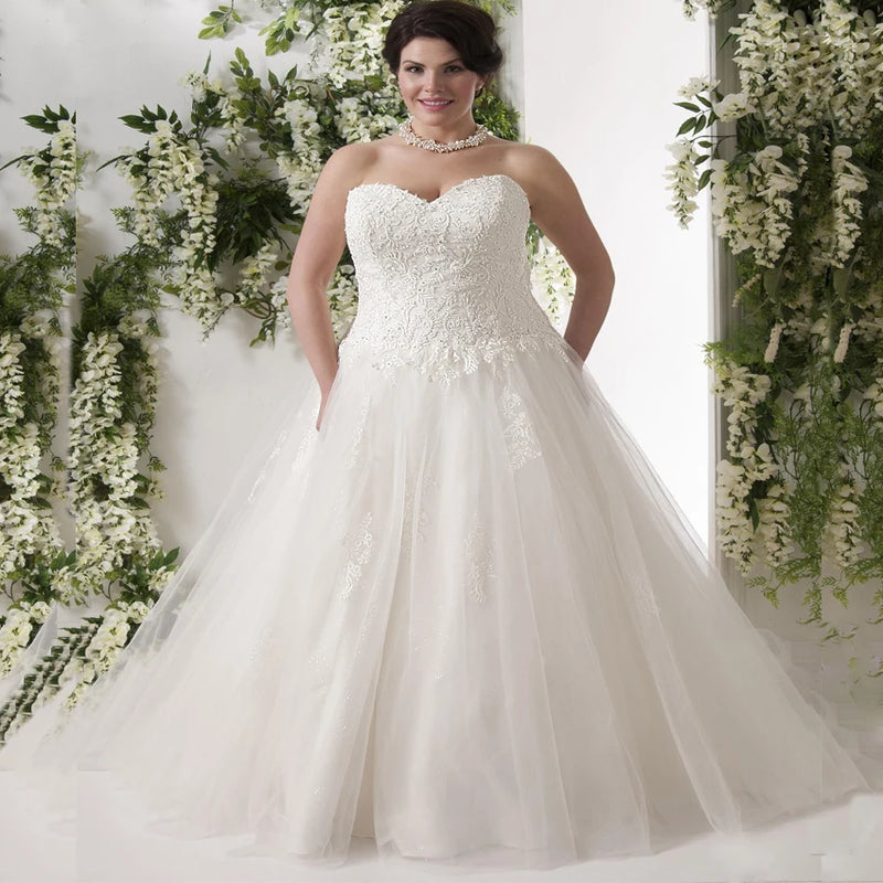 Elegant Plus Size Wedding Dresses Vestido De Noiva Sweetheart Sleeveless Applique Sequin Tulle Big Lady Bride Gowns