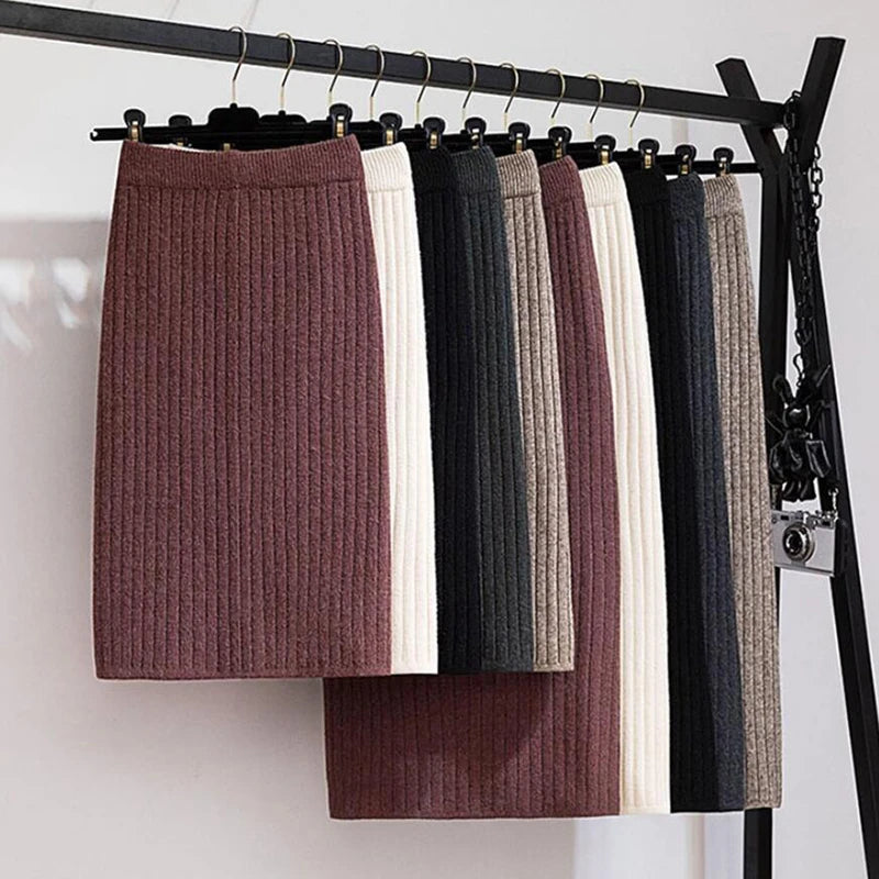 2022 Women's Spring Pencil Knitted Skirt High Waist Warm Elegant Knitting Ribbed Party Skirt Black Solid Ladies Office Skirts