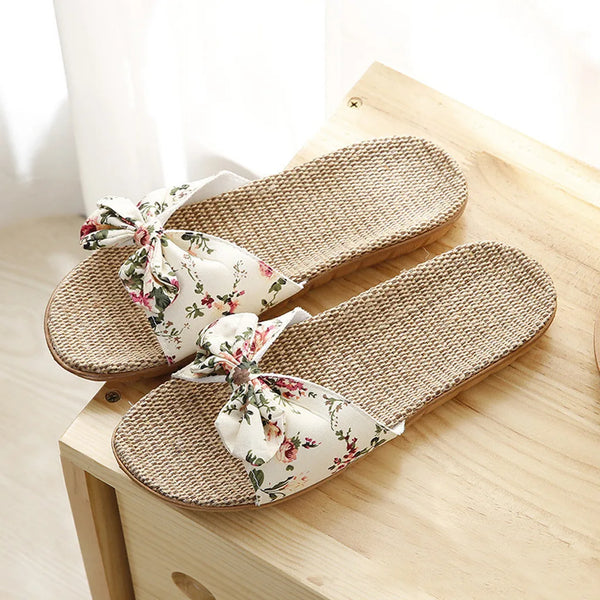 25#female Bow-knot Flax Linen Flip Flops For Woman Bohemia Style Flower Non-slip Beach Slipper Woman Shoes Zapatos De Mujer 2021