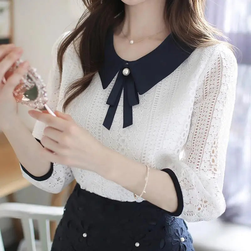 Women's Spring Summer Style Chiffon Blouses Shirt Women's V-neck Bow Patchwork Half Sleeve Elegant Lace Tops SP8676