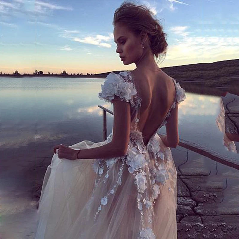 Champagne Boho Wedding Dresses luxury Sexy Backless Princess Bridal Dress Lace Appliques 3D Flowers Beach Long Wedding Gown