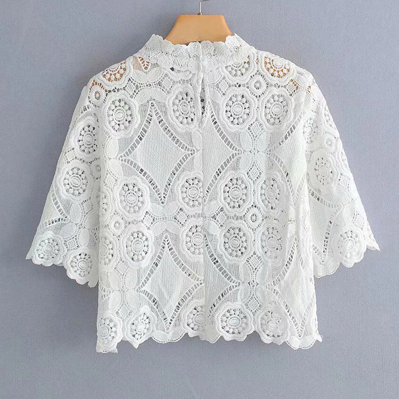 O-Neck White Womens Blouse Vintage Hollow Out Flower Female Ladies Tops Casual Lace Short Sleeve Blouse Shirts Blusas Mujer