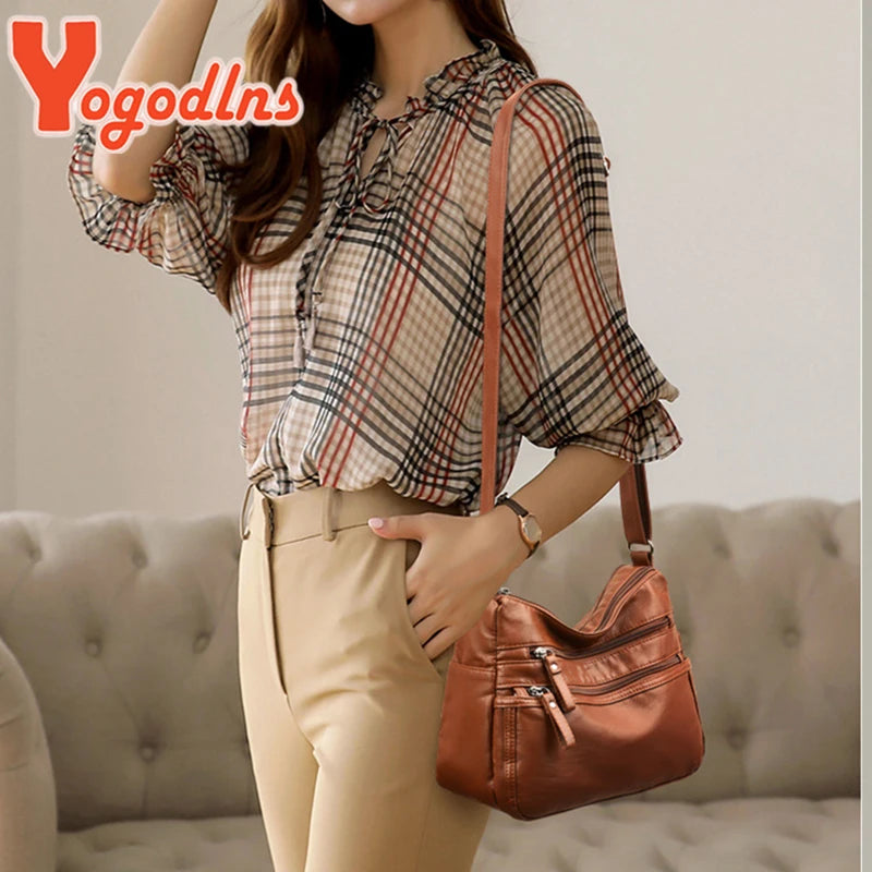 Yogodlns Vintage Shoulder Women's Bag Washed PU Leather Crossbody Bag Multifunction Messenger Bag Large Capacity Lady Handbag