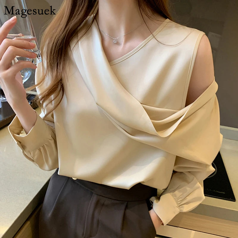 2021 Spring Elegant Satin Blouse Women Off-Shoulder Long Sleeve V-Neck Slim Chiffon Shirt Solid OL Tops Chemisier Femme 11202