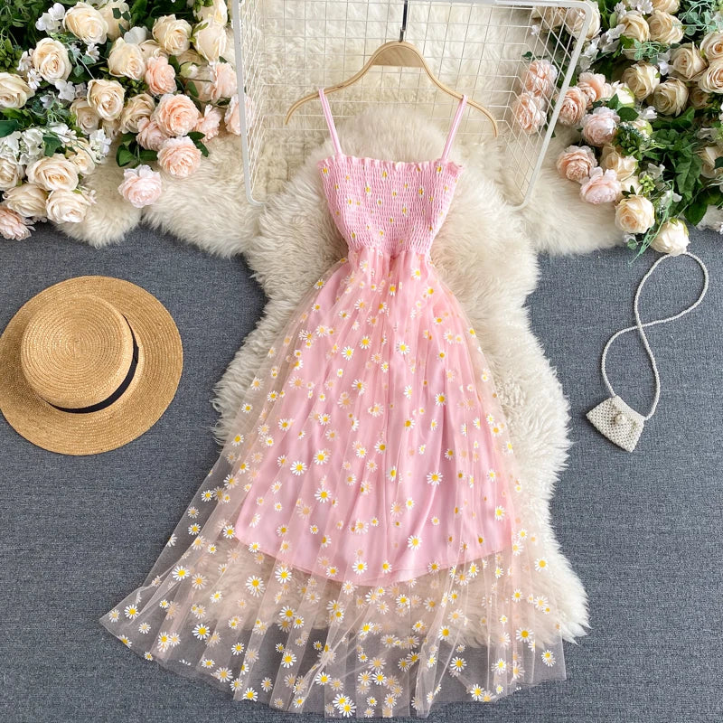 YuooMuoo Korean Fashion Daisy Flower Print Mesh Party Dress Summer Two Layers Spaghetti Strap Vacation Midi Dress Beach Vestidos