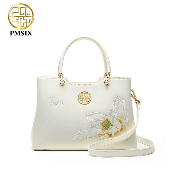 PMSIX luxury White Leather Handbags For Women  Elegant Embroidered Ladies' Designer Shoulder Bag  Simple Messenger Bags 2021