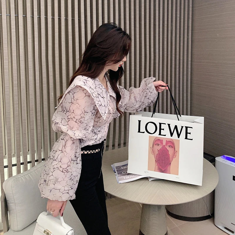 Autumn Women's Big Turn Down Collar Printing Shirt Fashion Female Lantern Sleeve Elegant Top Perspective Zipper Blouses Shirts