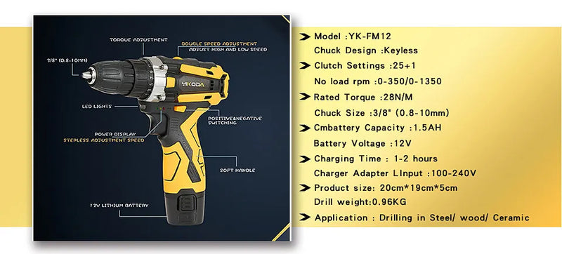 YIKODA 12/16.8/21V Cordless Drill Rechargeable Electric Screwdriver Lithium Battery Household Multi-function 2 Speed Power Tools