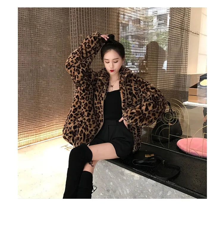 Winter Leopard Print Jacket Women's Stand collar Warm Parkas Outwear 2024 New Autumn Winter Korean Female Loose Faux Fur Coats