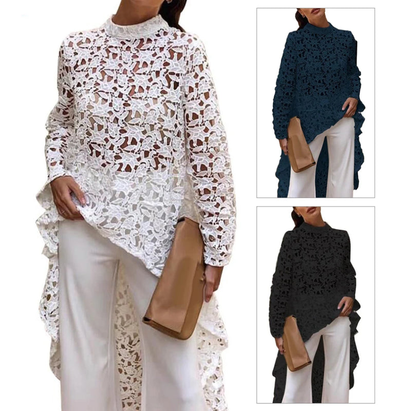 Spring Autumn Fashion Women Solid Color Hollow Out Lace Blouse High Low Top