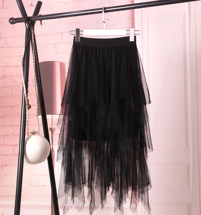 1pcs/lot Women irregular Tulle Skirts Fashion Elastic High Waist Mesh Tutu Skirt Pleated Long Skirts (good)